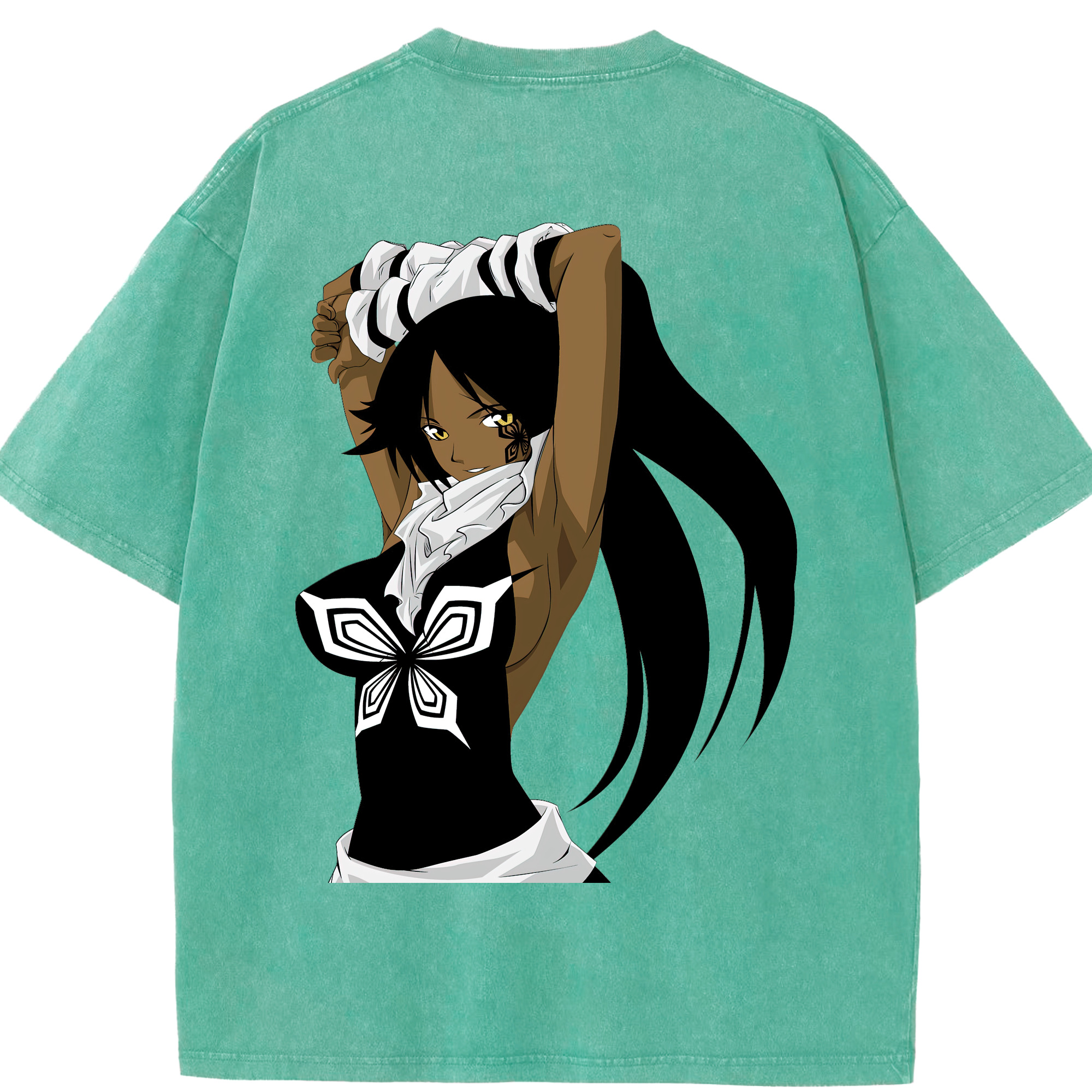（画像用） ブリーチ 四楓院 夜一（しほういん よるいち） BLEACH Shihouin Yoruichi 綿100% ヴィンテージ風 半袖Tシャツ（背面プリント）
